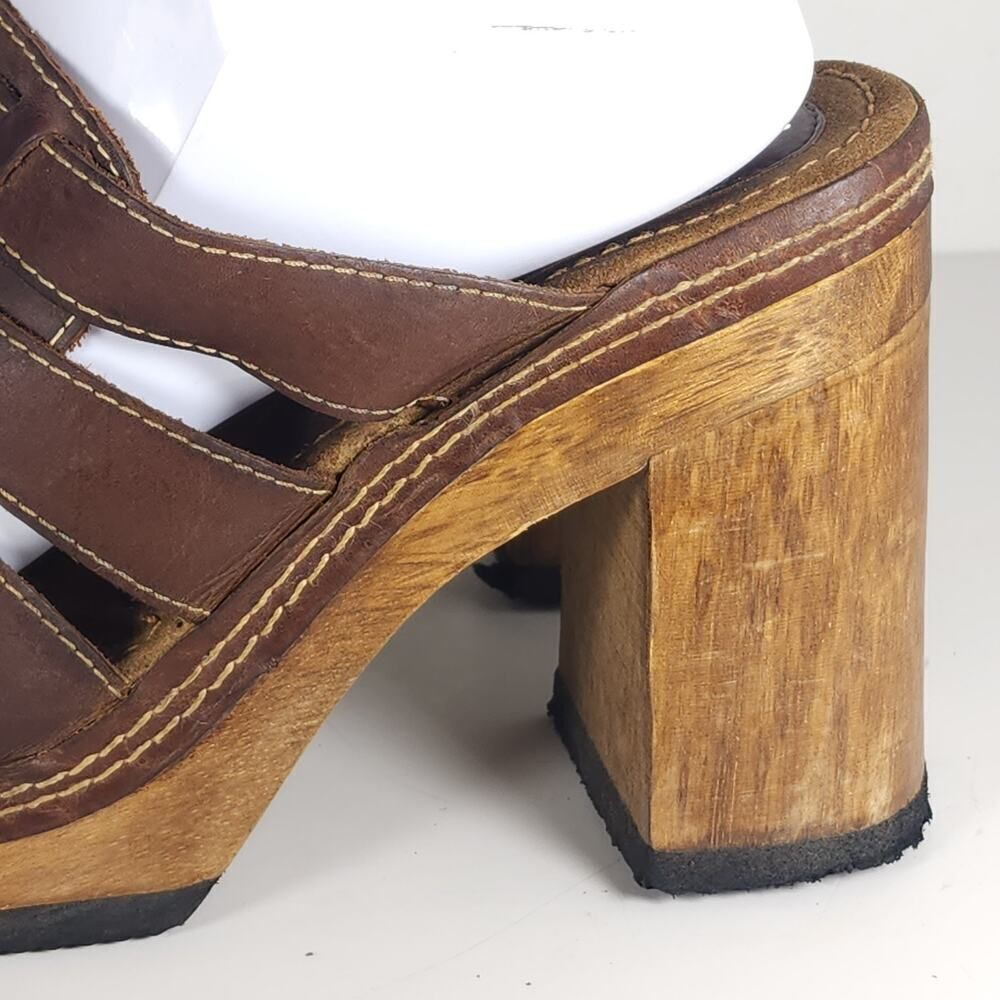 Bongo Women's Vintage 90s Y2K US10 Brown Leather Wooden Chunky Platform Sandals - Picture 13 of 16